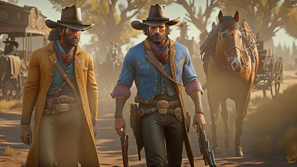 Two cowboys with hats and guns in Wild West setting with horse and dusty backdrop.