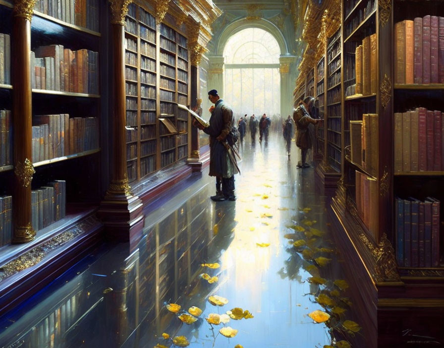 Grand Library with Towering Bookshelves and Sunlit Atrium, Reflective Floor, Autumn