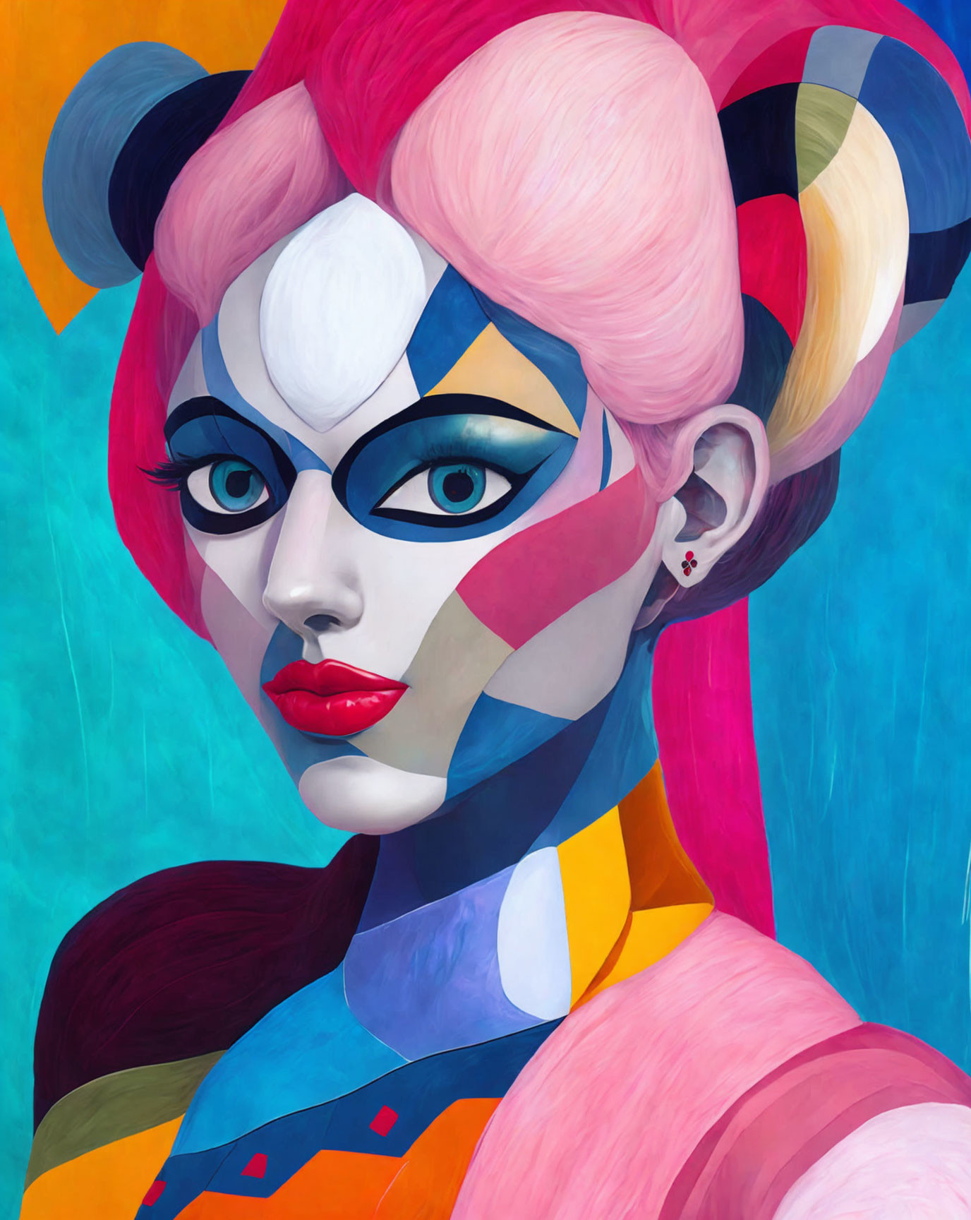 Vibrant female figure with geometric makeup and pastel hair on blue background