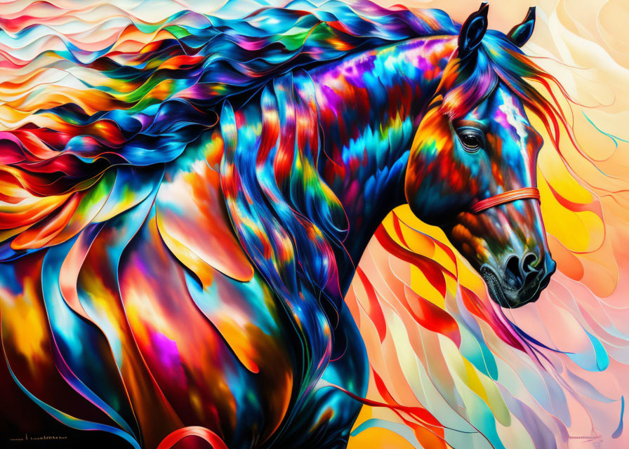 Colorful Horse Artwork with Flowing Mane and Dynamic Swirls