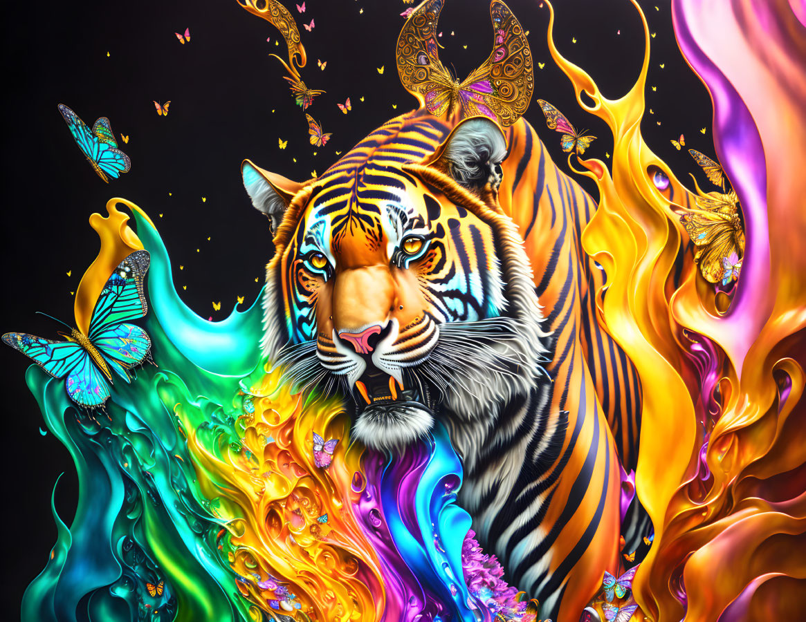 Colorful Tiger Artwork: Flames & Blue Waves with Butterflies