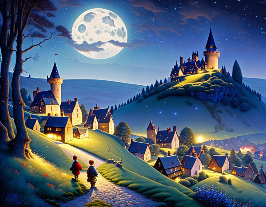 Children walking to magical castle under starry sky