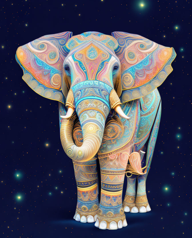 Colorful Elephant Illustration with Intricate Patterns on Starry Night Background