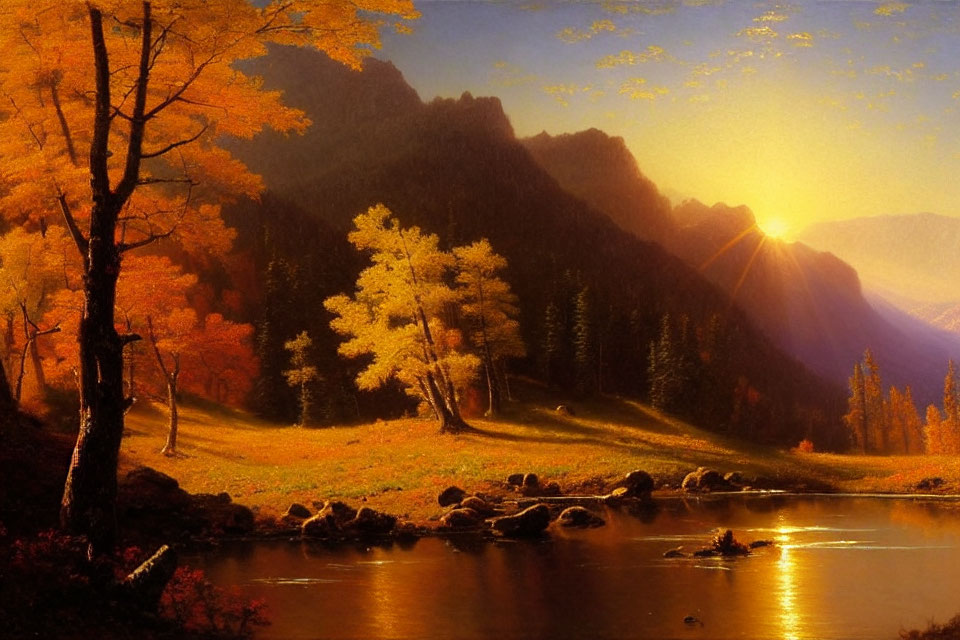 Golden foliage and still river in serene autumn setting with sunbeams and mountain backdrop.