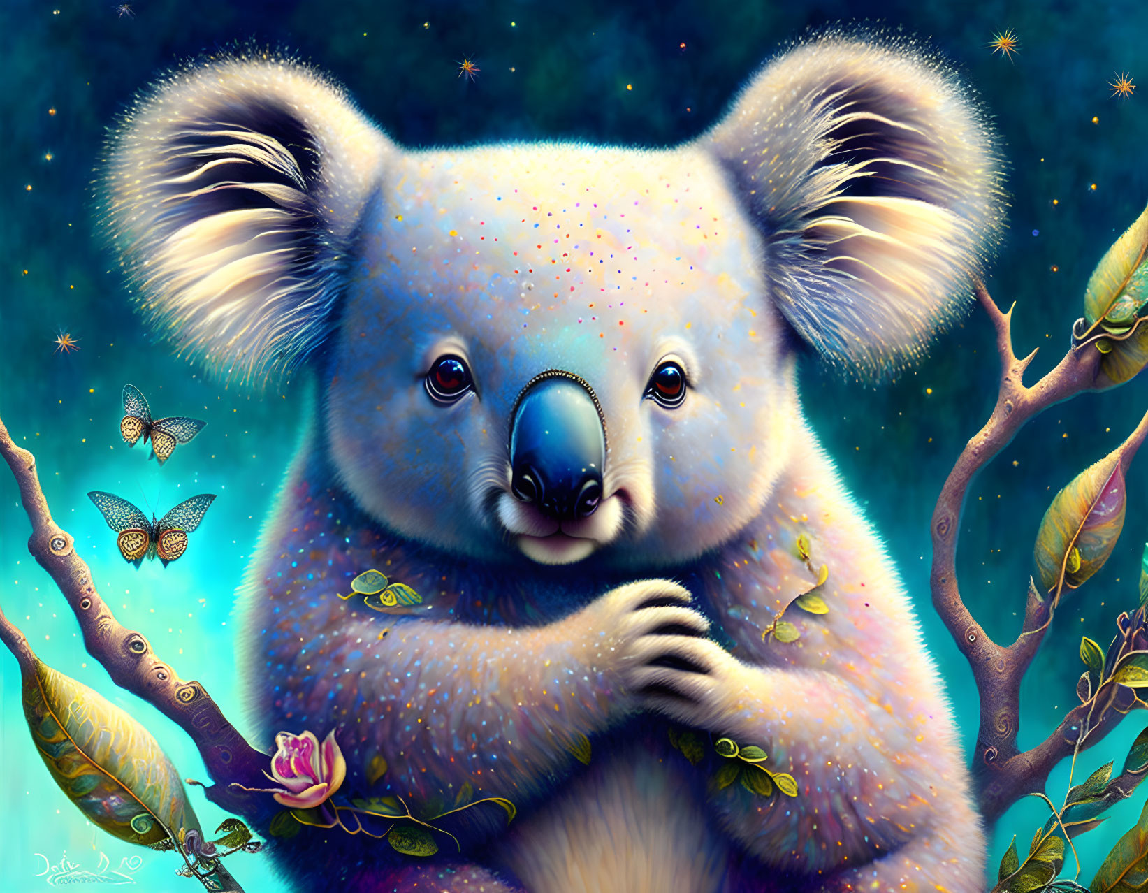 Colorful Koala Illustration with Butterflies on Branch in Starry Night