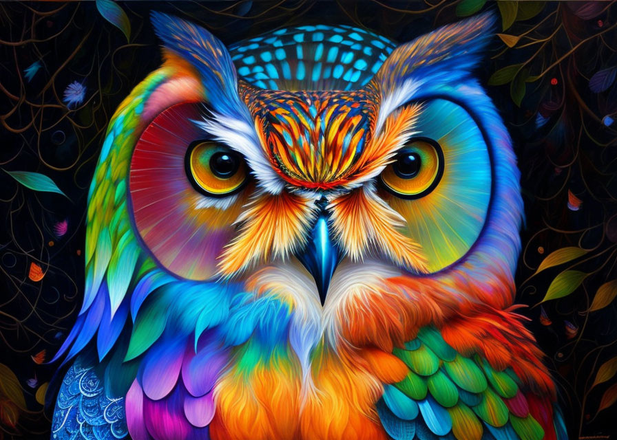 Colorful Owl Artwork with Intense Eyes and Intricate Patterns