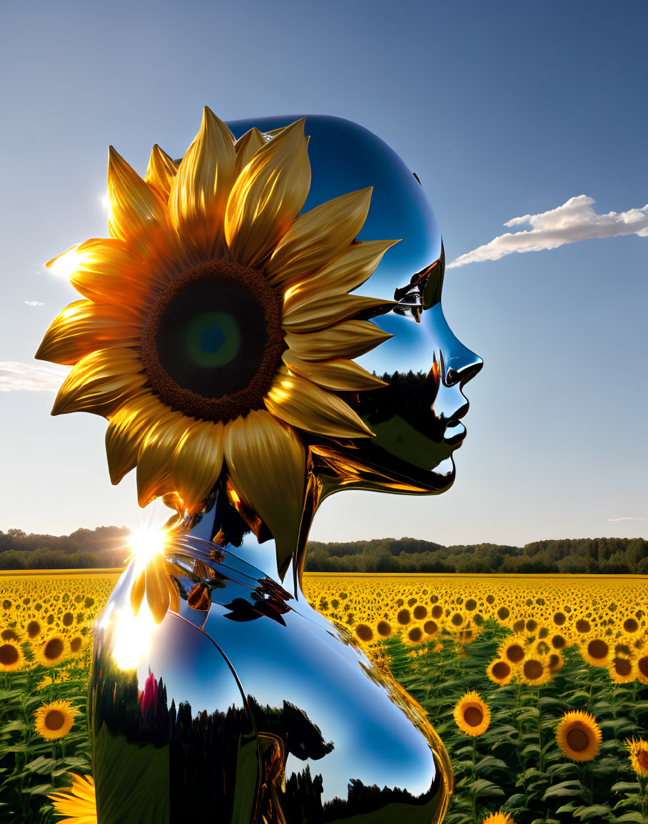 Reflective Human Head Sculpture with Sunflower Eye in Sunflower Field