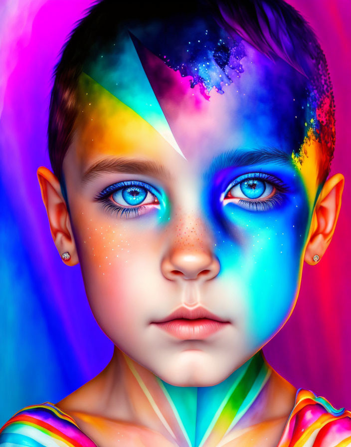 Colorful cosmic paint design on child's face with deep blue eyes