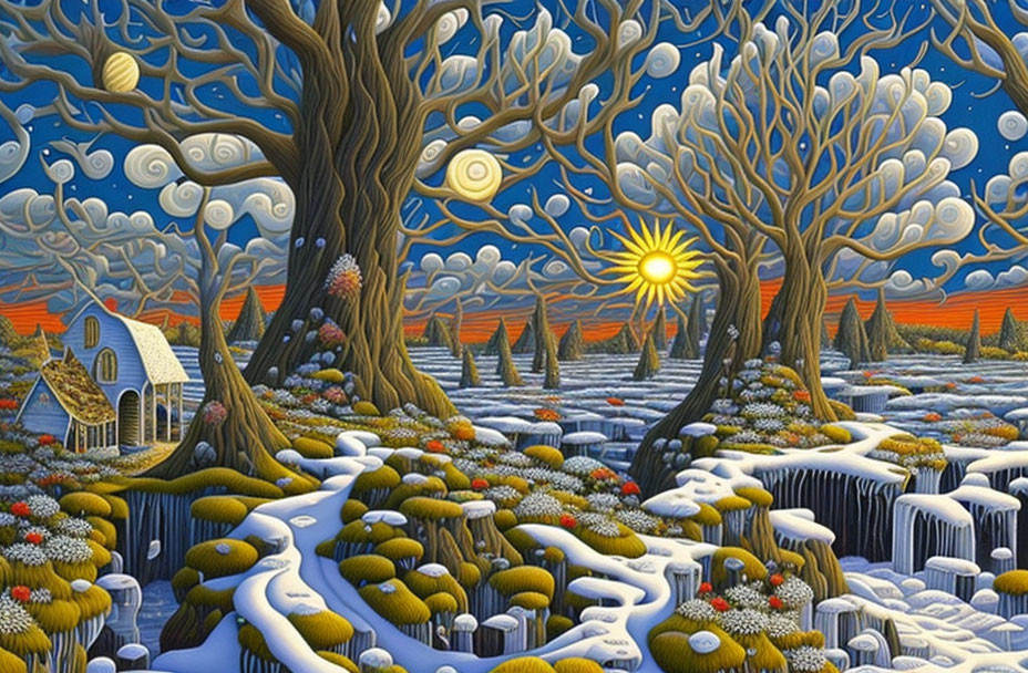 Surreal winter landscape painting with cozy cottage and vibrant sunset