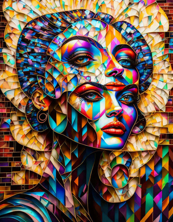 Colorful Mosaic Mural of Stylized Woman's Face with Geometric Patterns