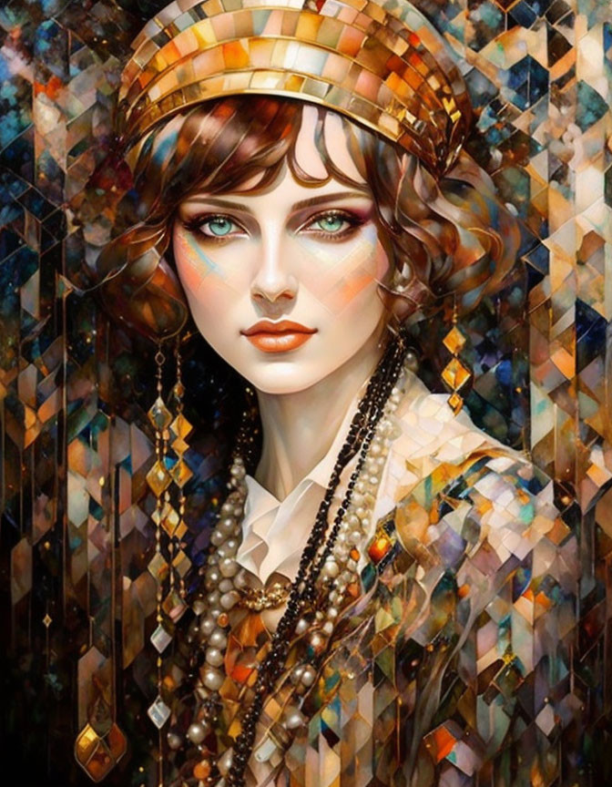 Illustrated woman with flapper style accessories and striking green eyes in rich, warm colors