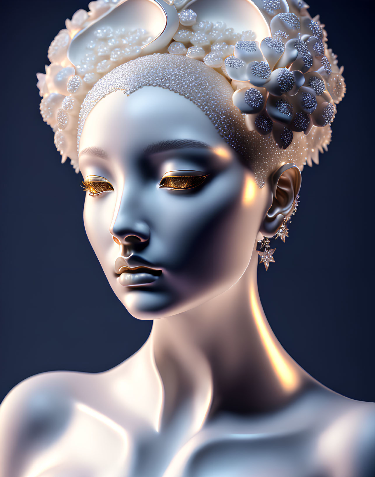 Digital artwork: Female figure with porcelain skin, white headpiece, gold eye shadow, snowflake e