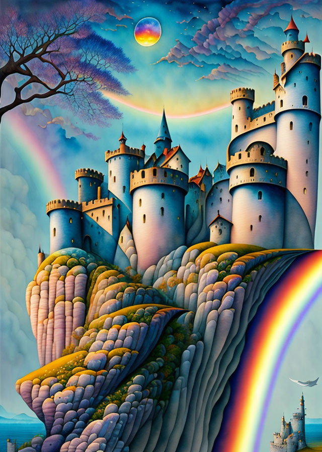 Fantastical castle on layered cliffs with rainbows and sailing ships