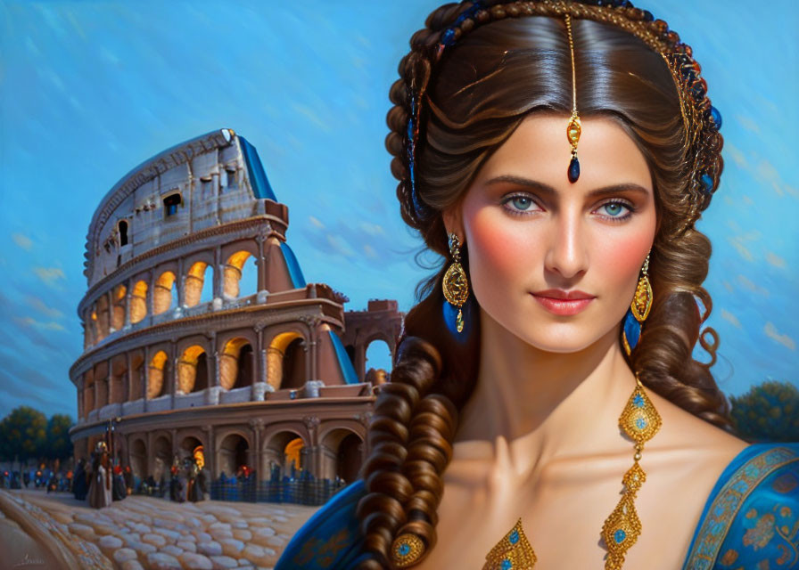 Digital Art: Woman with Braided Hair and Jewelry in front of Colosseum at Dusk