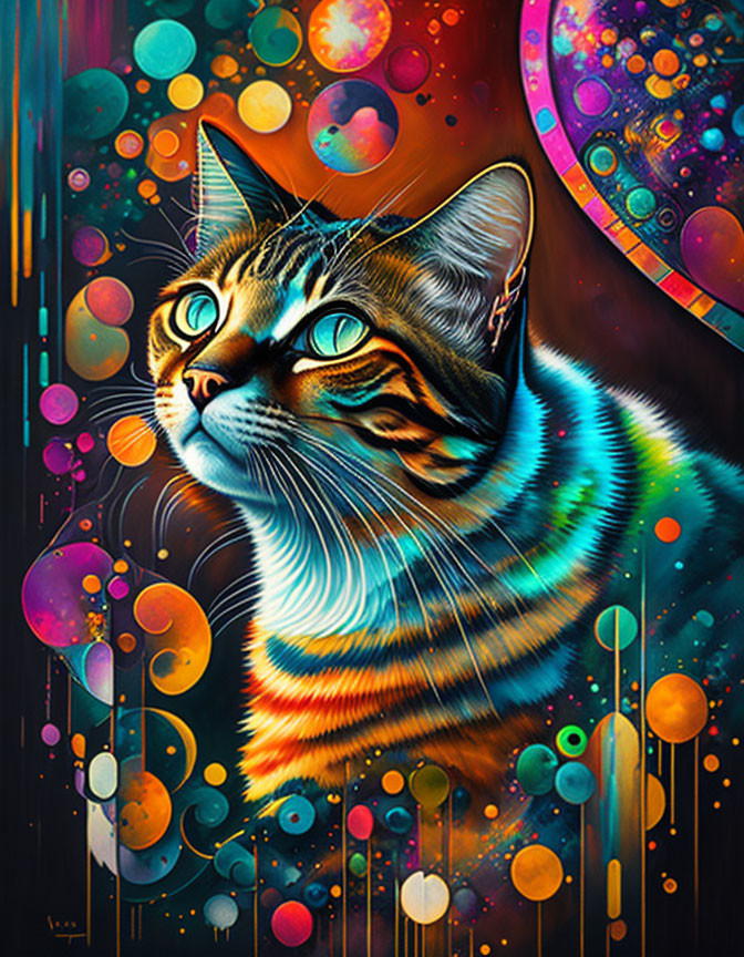 Colorful Cat Art with Cosmic Psychedelic Background