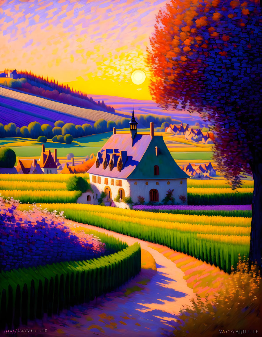 Colorful illustration: quaint house, flower rows, sunset sky, tree.