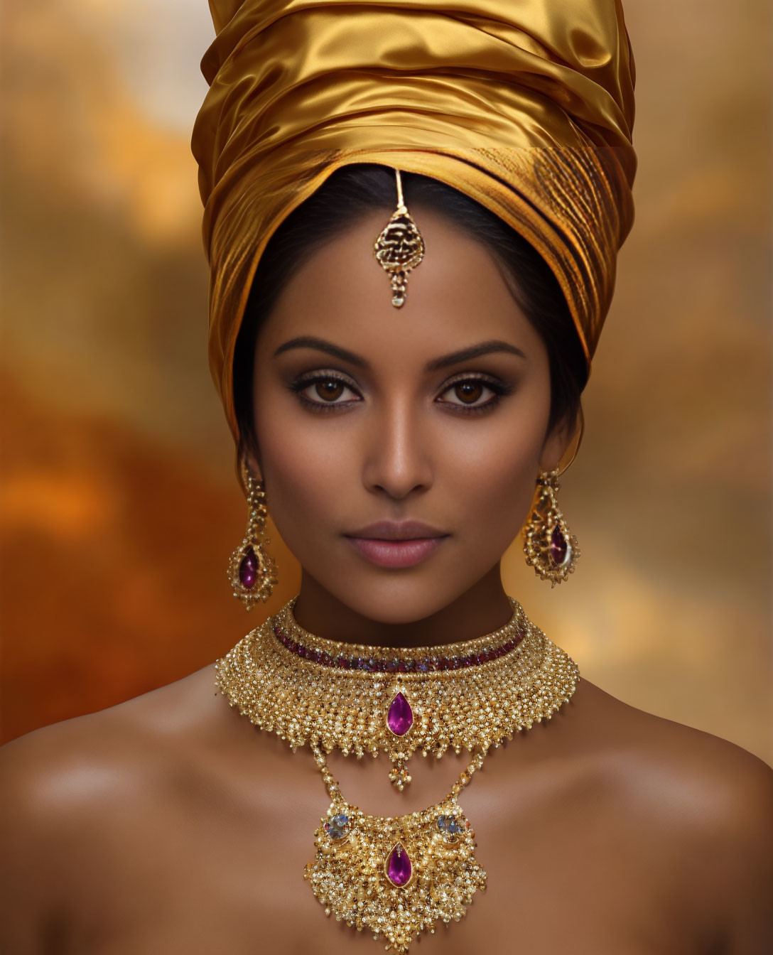 Woman adorned with gold jewelry and purple gemstones in elaborate makeup.