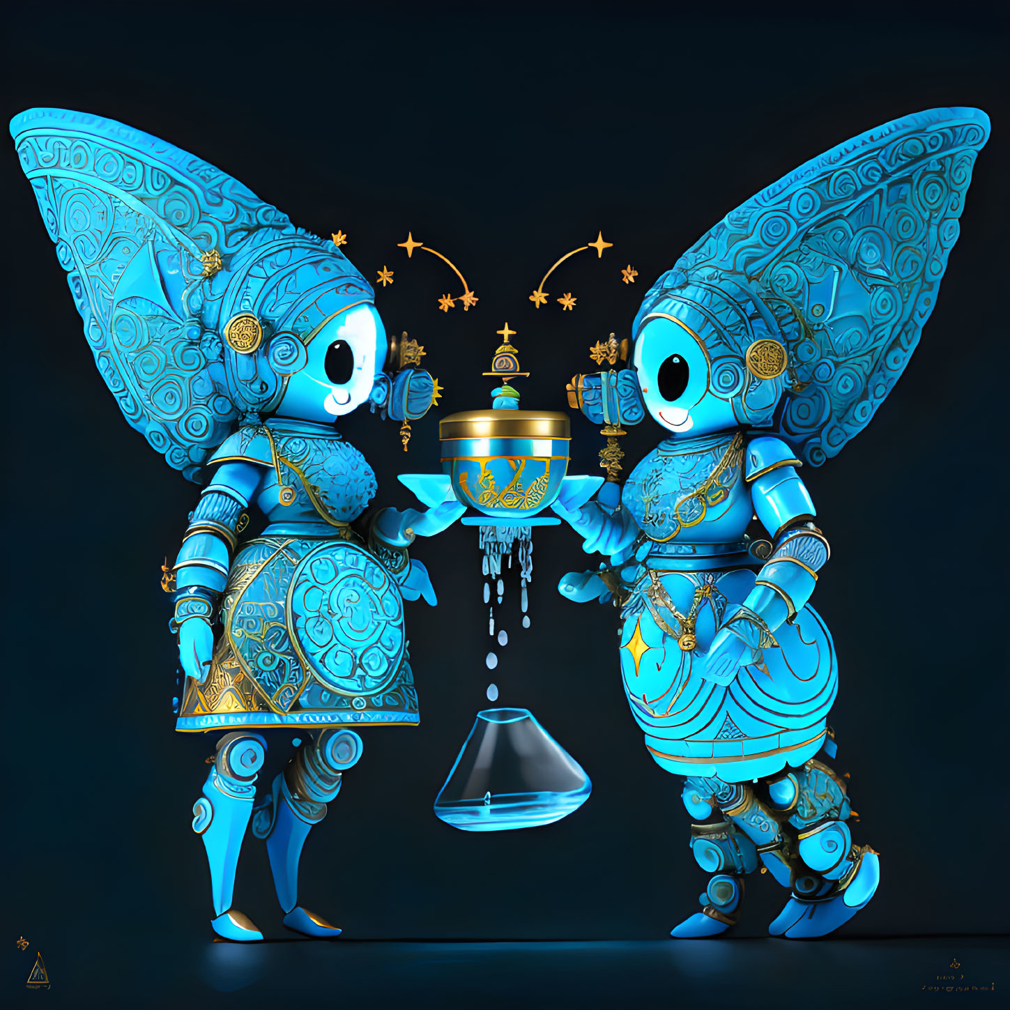 Stylized robotic characters with butterfly wings exchanging lantern