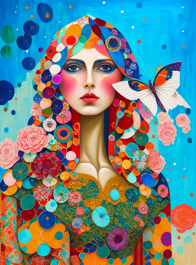 Woman Portrait with Mosaic Patterns, Flowers, Butterfly, and Blue Background