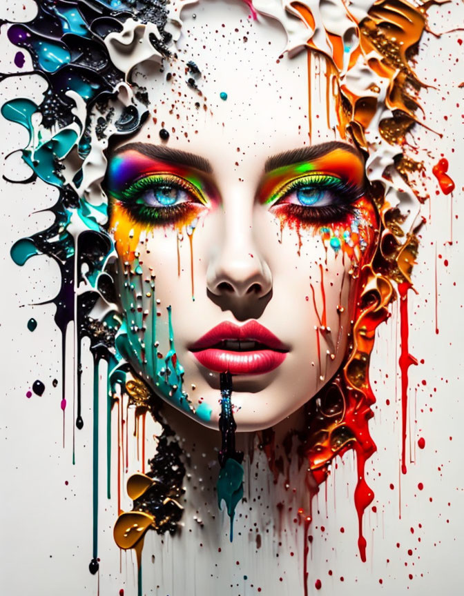 Vibrant woman's face with colorful paint adornments