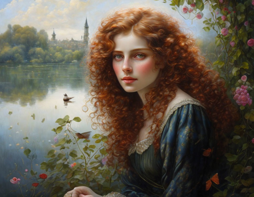 Portrait of woman with red curly hair, blue eyes, surrounded by roses and serene lake.