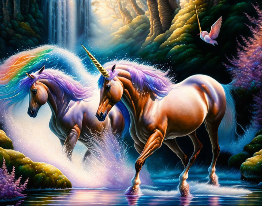 Majestic unicorns with rainbow manes at waterfall in enchanted forest