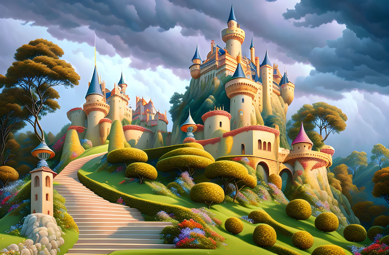 Whimsical fairytale castle illustration in vibrant landscape