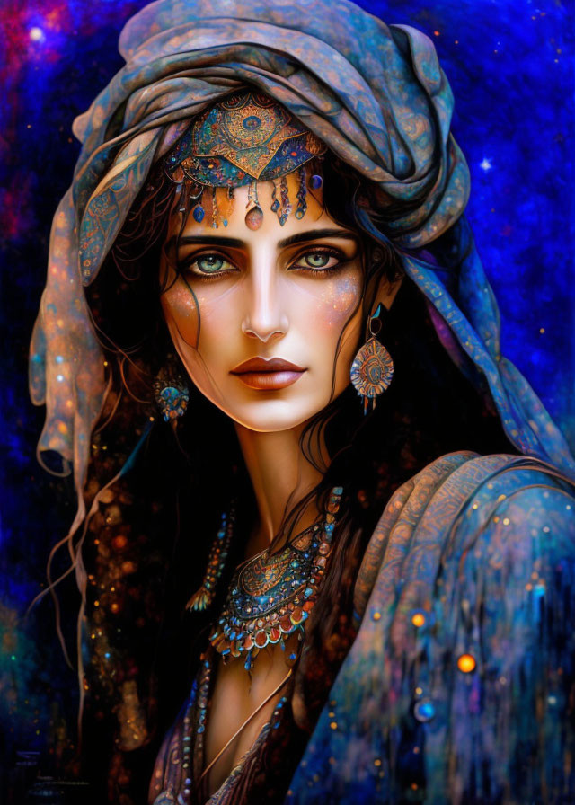 Illustrated woman in ornate turban and jeweled attire against celestial backdrop