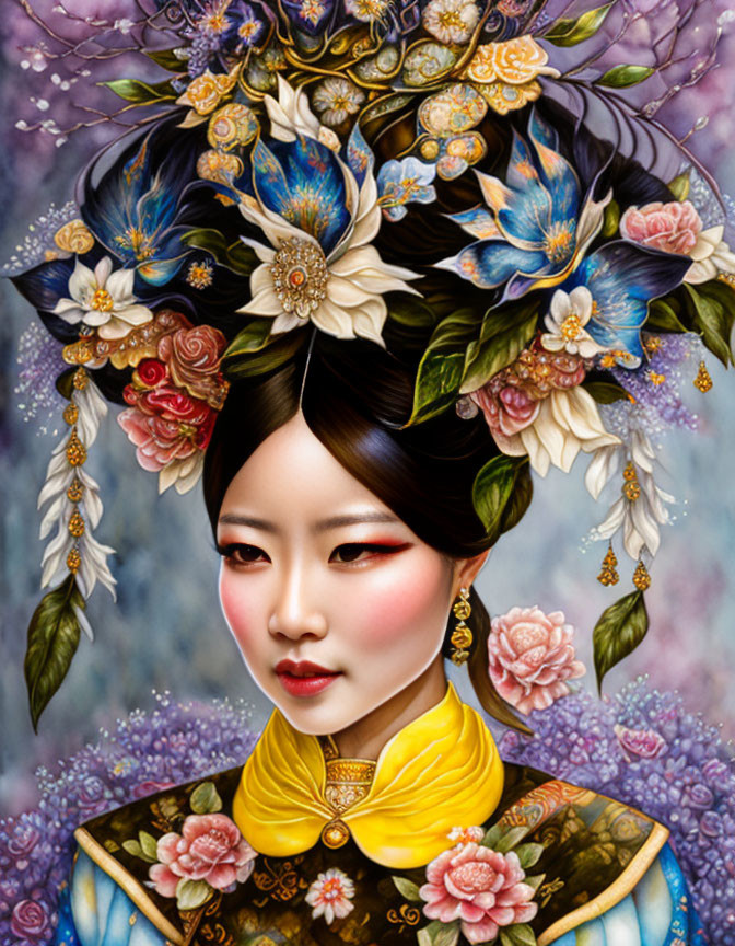 Asian Woman with Ornate Floral Headdress in Vivid Colors