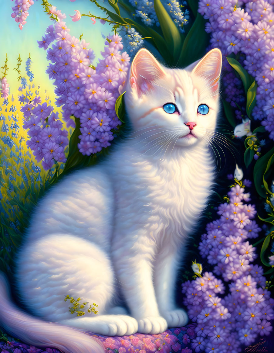 White Cat with Blue Eyes in Lilac Flowers and Green Foliage