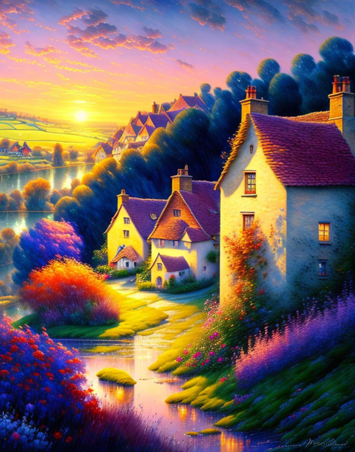 Scenic painting of village cottages, river, and colorful flora at sunset