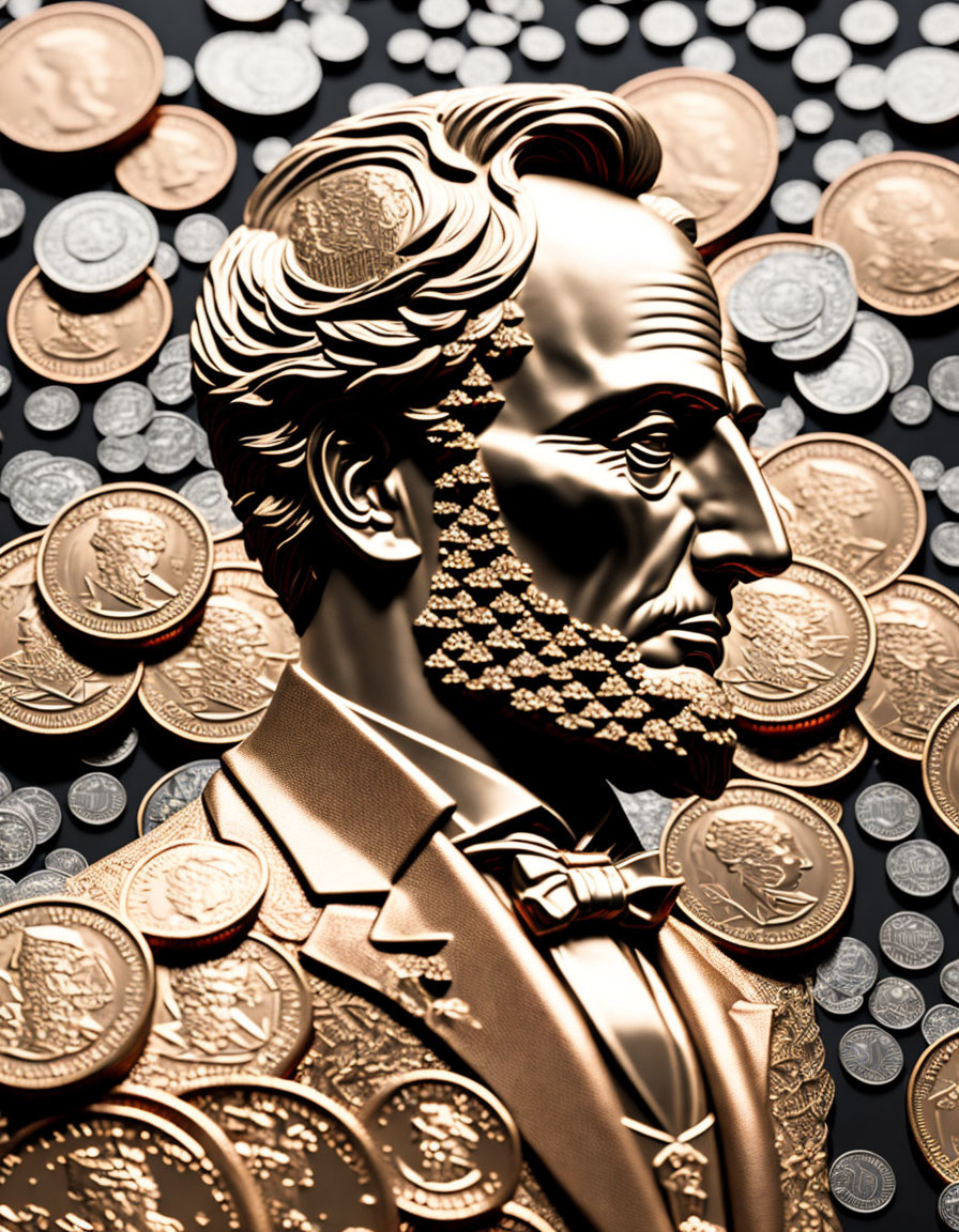 Metallic Abraham Lincoln profile with coins in 3D illustration