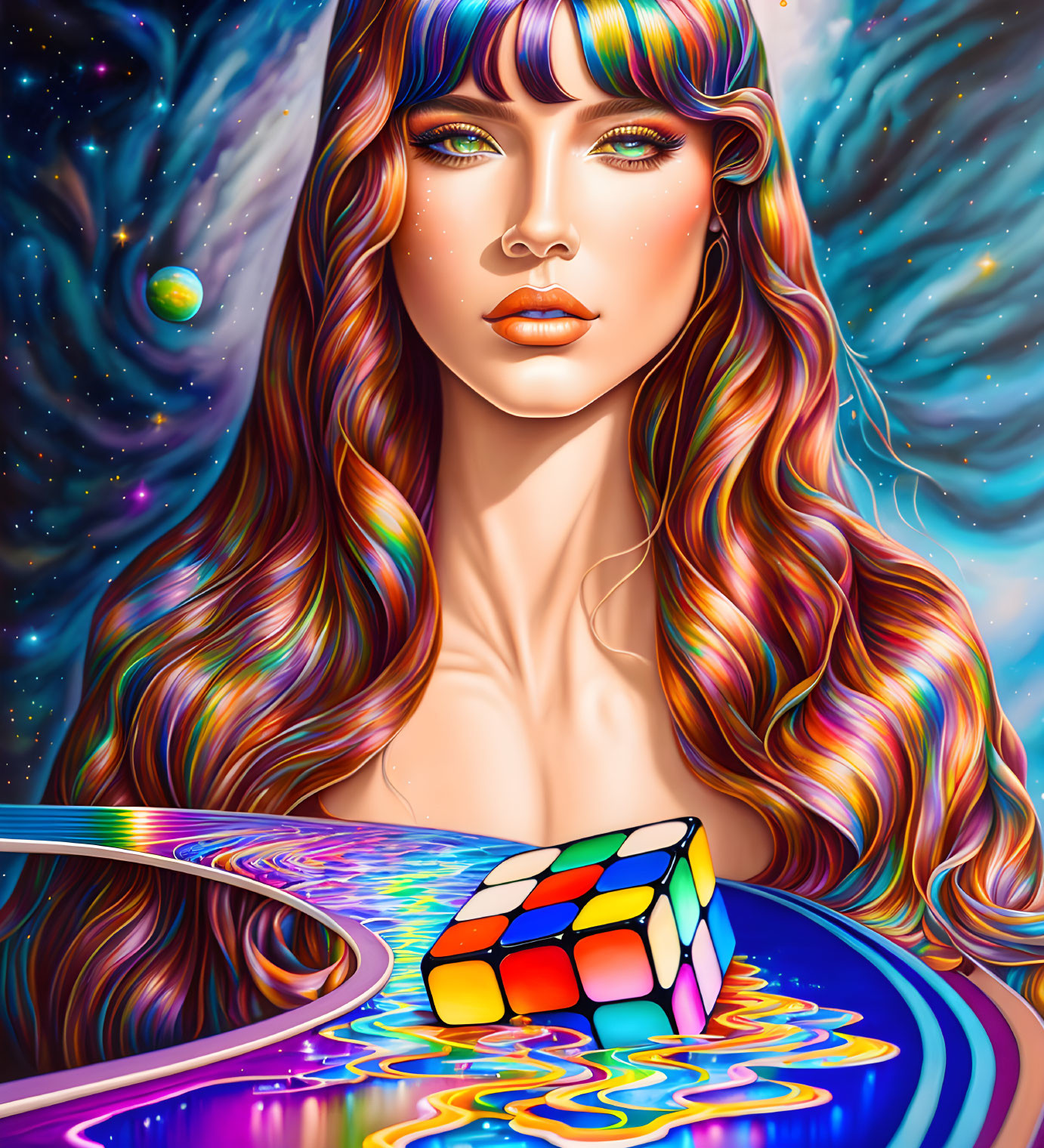 Colorful digital artwork: Woman with galaxy hair, Rubik's cube, cosmic background