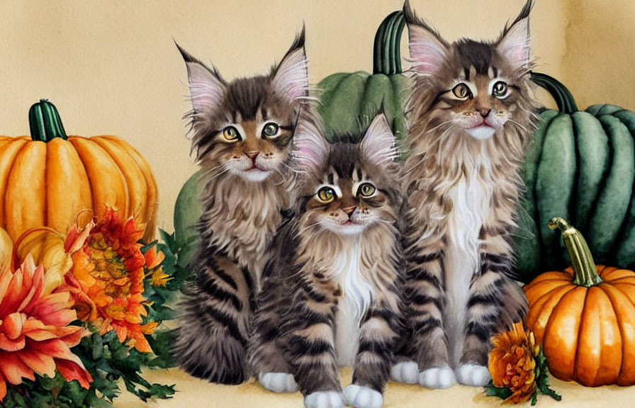 Adorable Kittens with Striped Fur Among Autumn Pumpkins