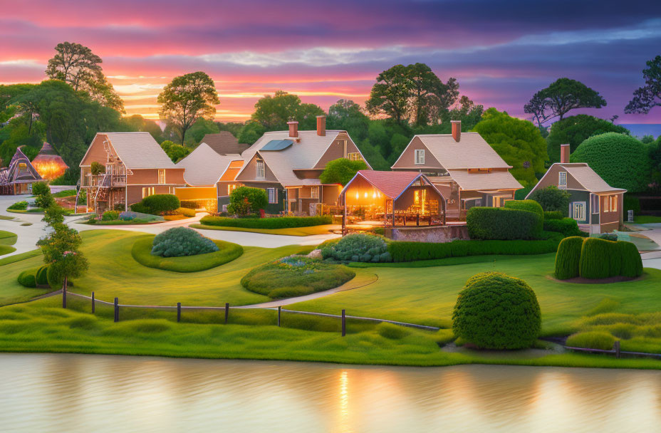 Scenic sunset view of cozy lakeside houses with glowing windows