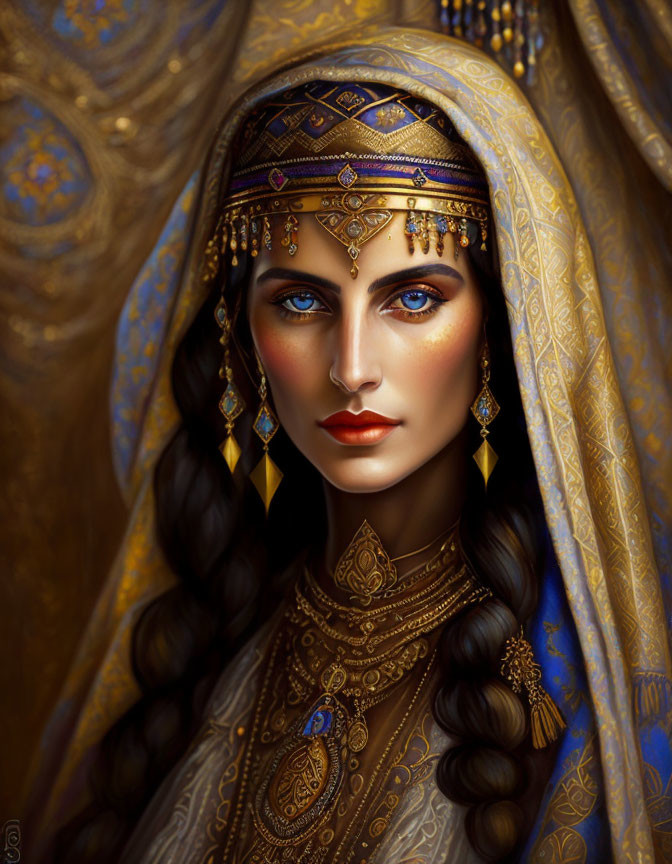 Captivating blue-eyed woman in luxurious blue and gold attire with intricate gold jewelry