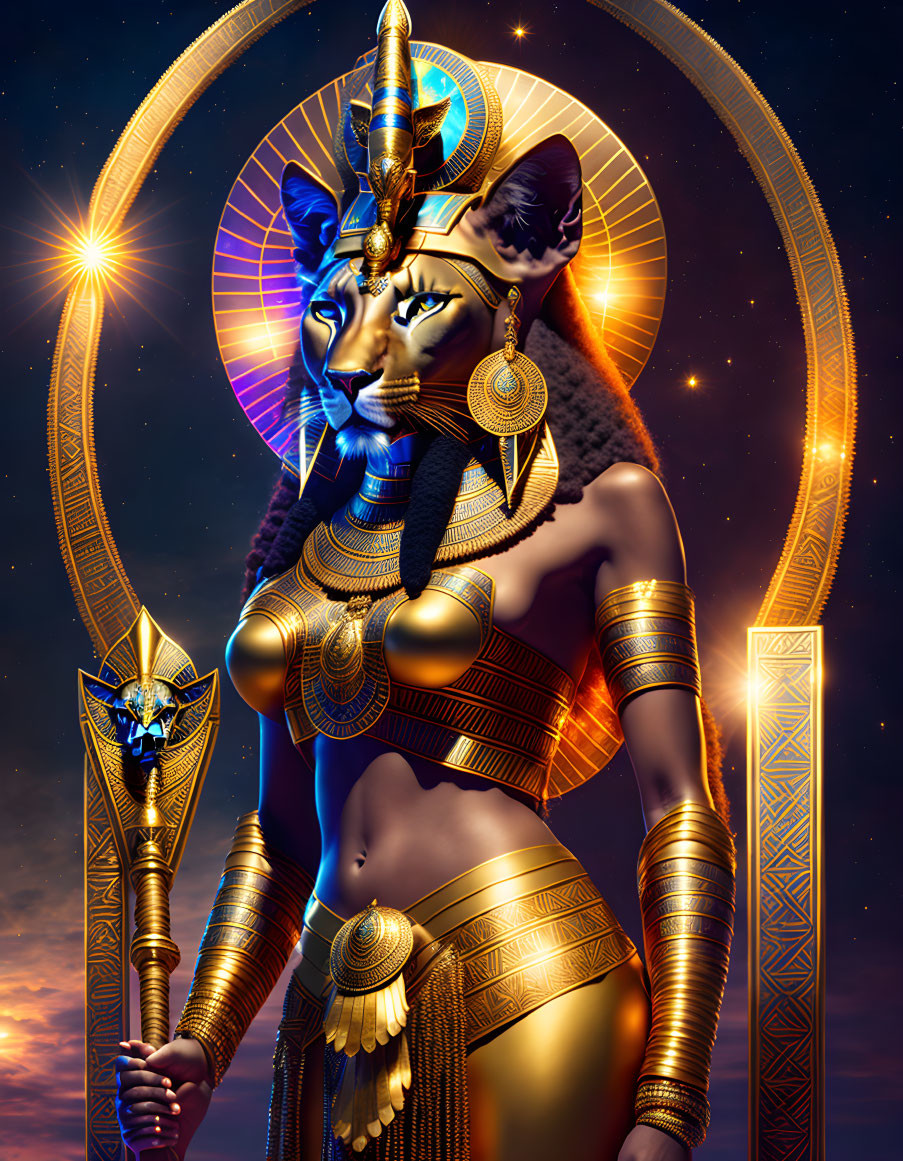 Golden attire female figure with lion head in starry sky display