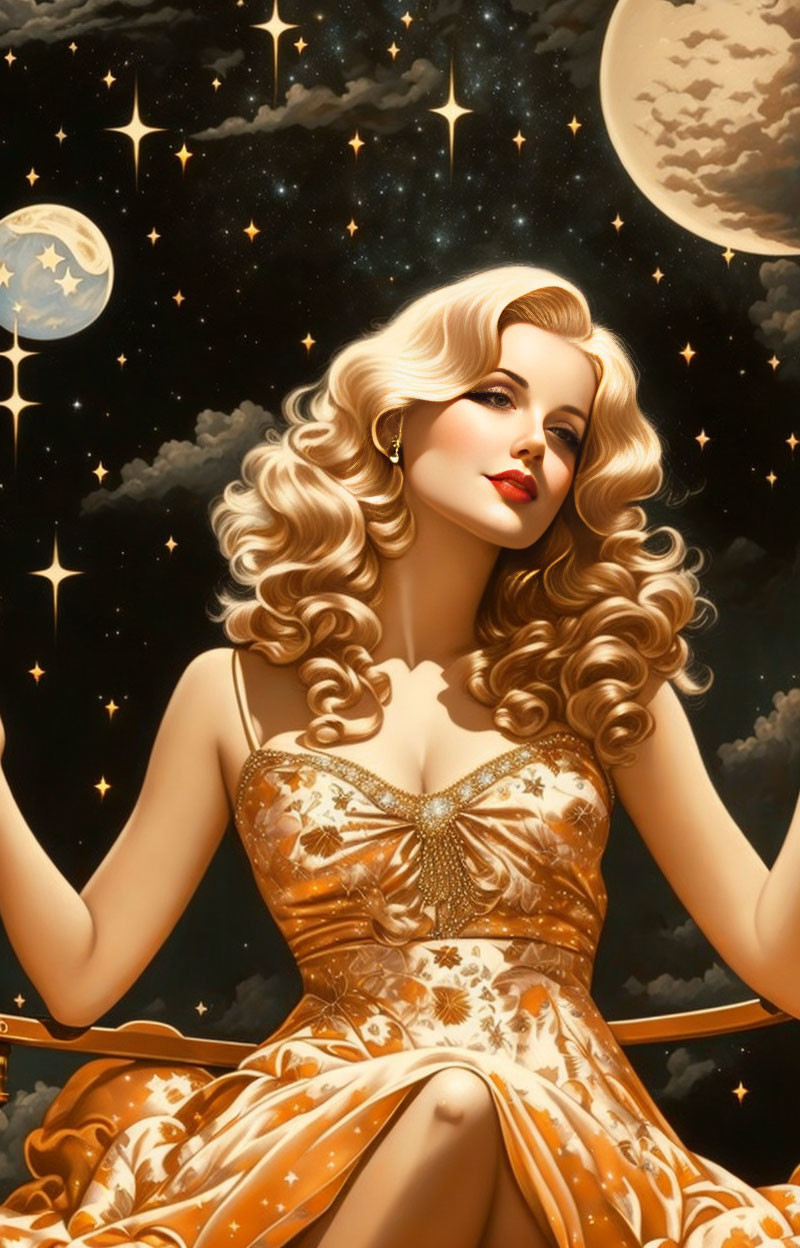 Illustrated woman with blonde hair in golden dress against celestial background