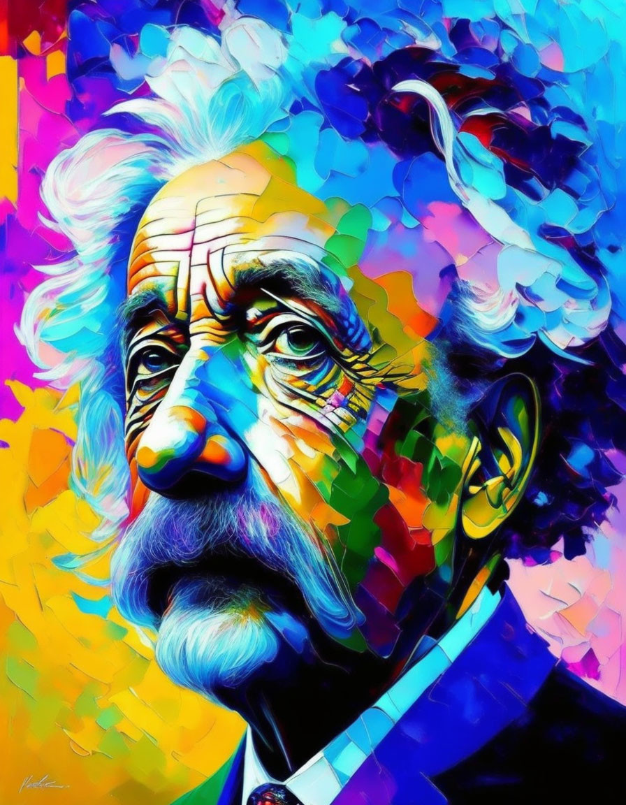 Colorful Abstract Portrait of Albert Einstein with Bold Blues, Yellows, and Purples