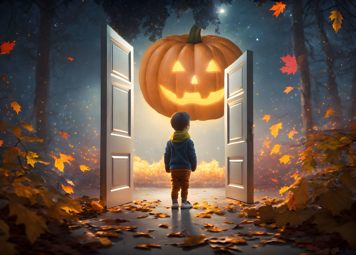 Child standing by glowing jack-o'-lantern in enchanting forest with falling leaves