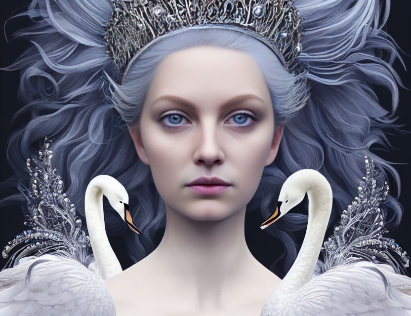 Fantasy portrait of woman with pale skin, blue eyes, crown, two white swans, dark