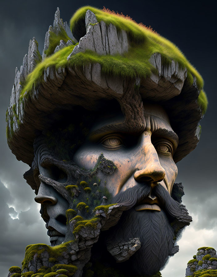 Mountain Landscape with Surreal Bearded Face and Greenery