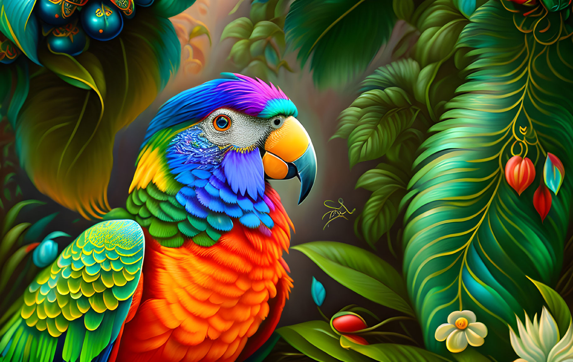 Colorful Parrot in Tropical Setting with Foliage and Fruits