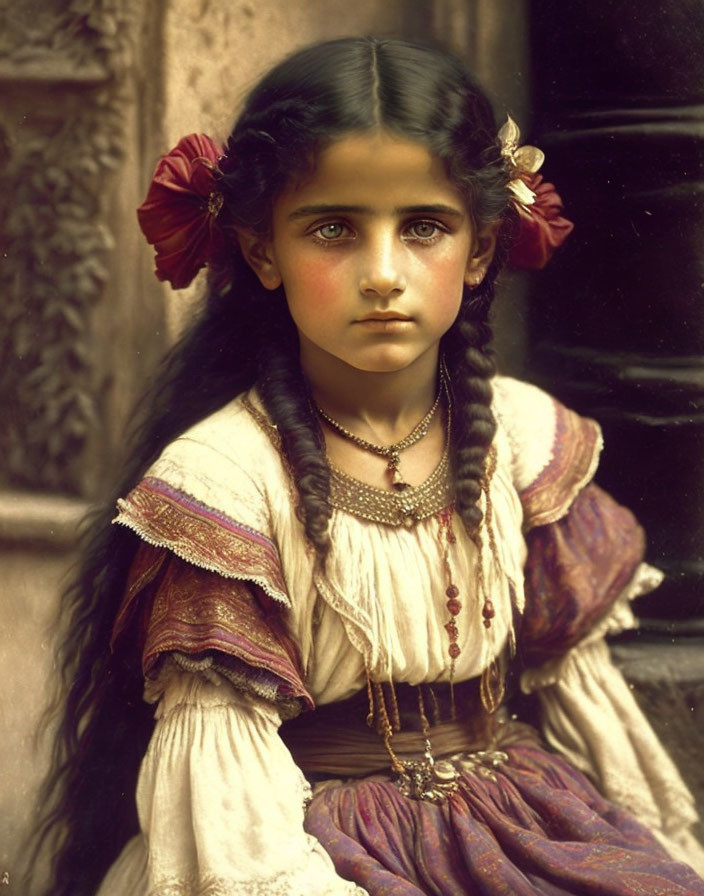 Dark Braided Hair Girl in Traditional Attire with Red Flowers