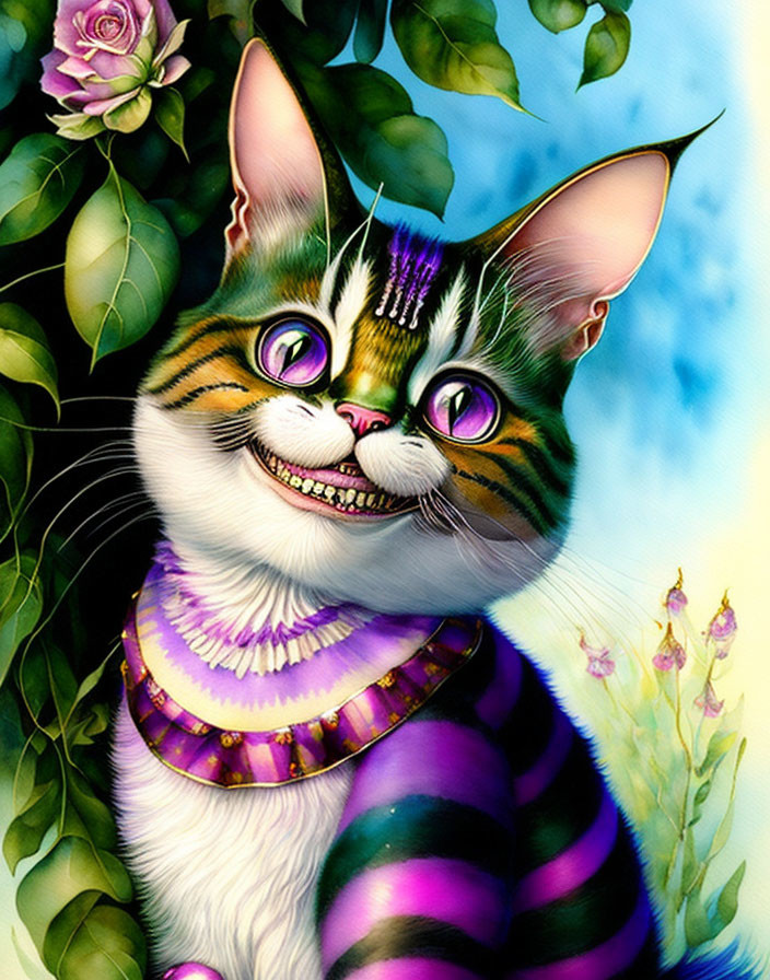 Whimsical cat illustration with green eyes and purple collar among foliage