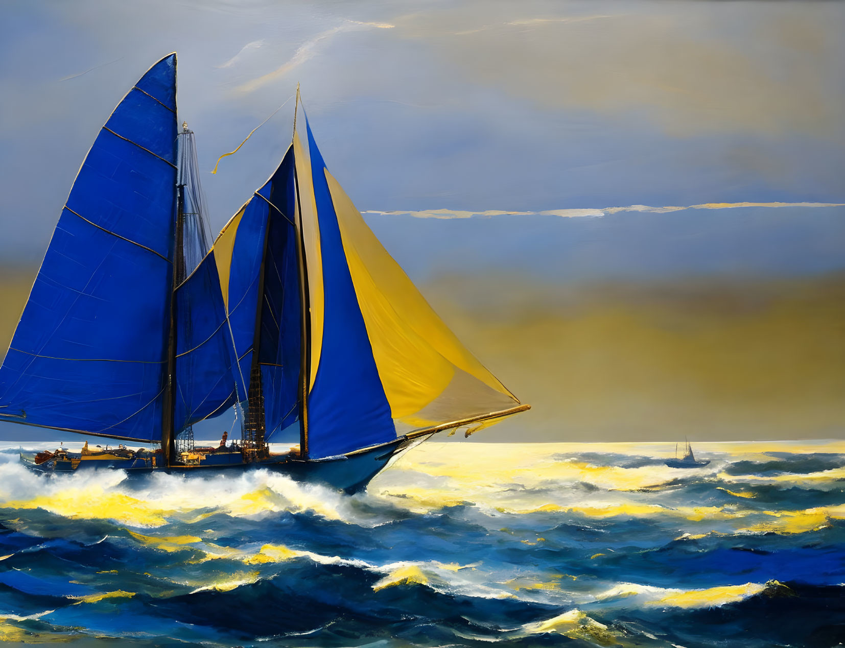 Vibrant painting: Sailboats with blue and yellow sails on stormy sea