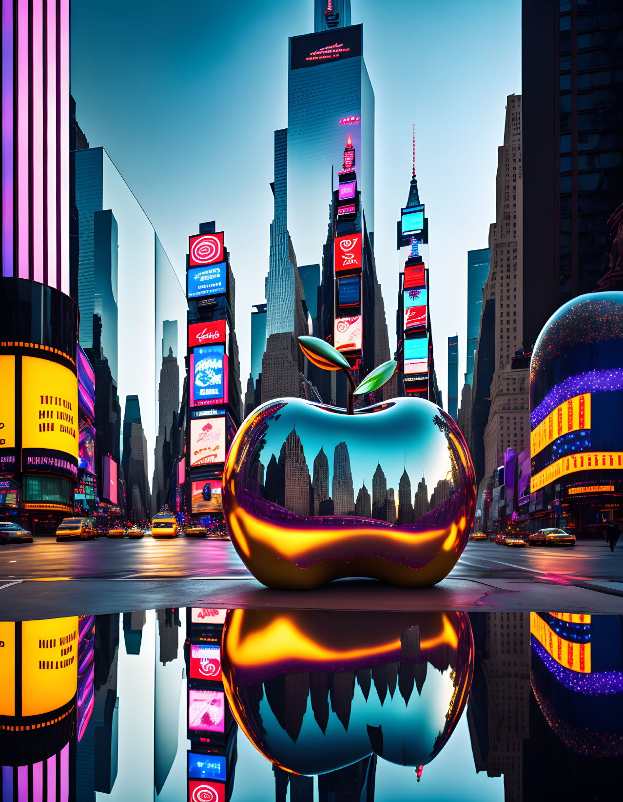 Colorful Cityscape Featuring Giant Reflective Apple Sculpture