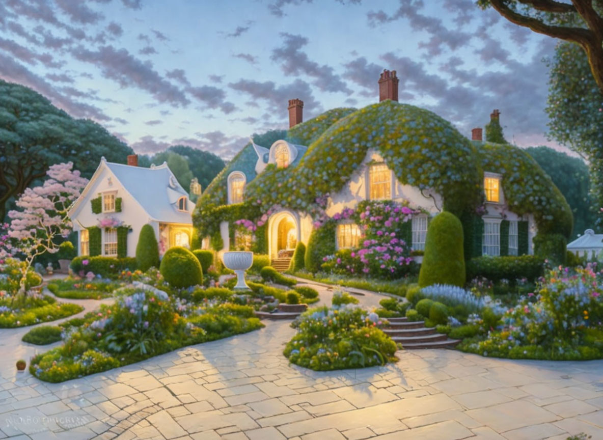 Charming ivy-covered house with blooming garden and cobblestone pathway