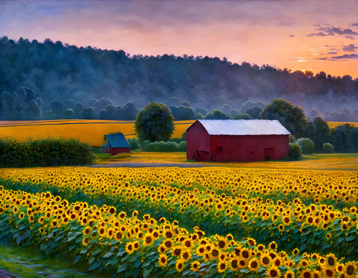 Sunflower Field and Red Barn in Serene Sunrise Landscape