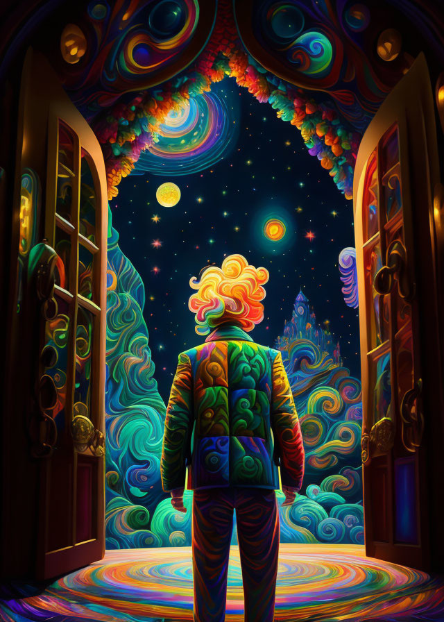 Colorful Swirly Hairstyle Person in Doorway Observing Vibrant Night Sky